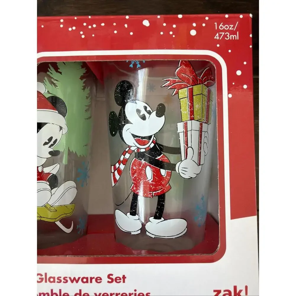 Disney‎ Mickey & Minnie Mouse Christmas Glassware Set of 2 Pint 16 ounce